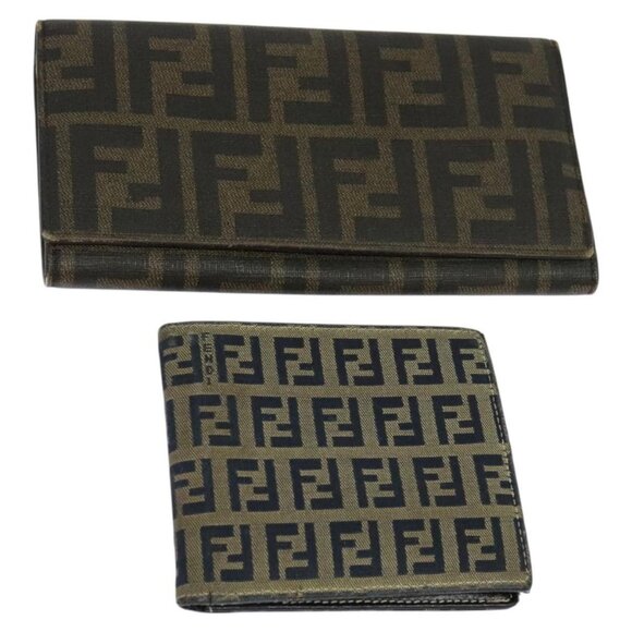 FENDI Zucca Canvas Zucchino Canvas Wallet 2Set Black Brown Navy Auth - Picture 1 of 16